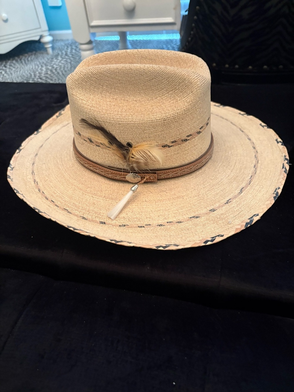 Straw Panama Hat with Feather Accent - Natural